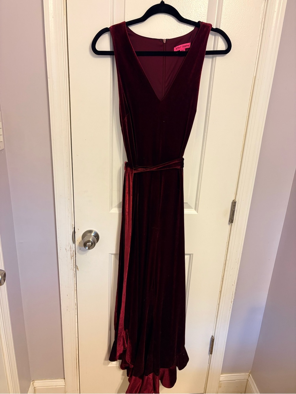 Betsey Johnson Burgundy Velvet V-Neck Jumpsuit with Self-Tie Waist